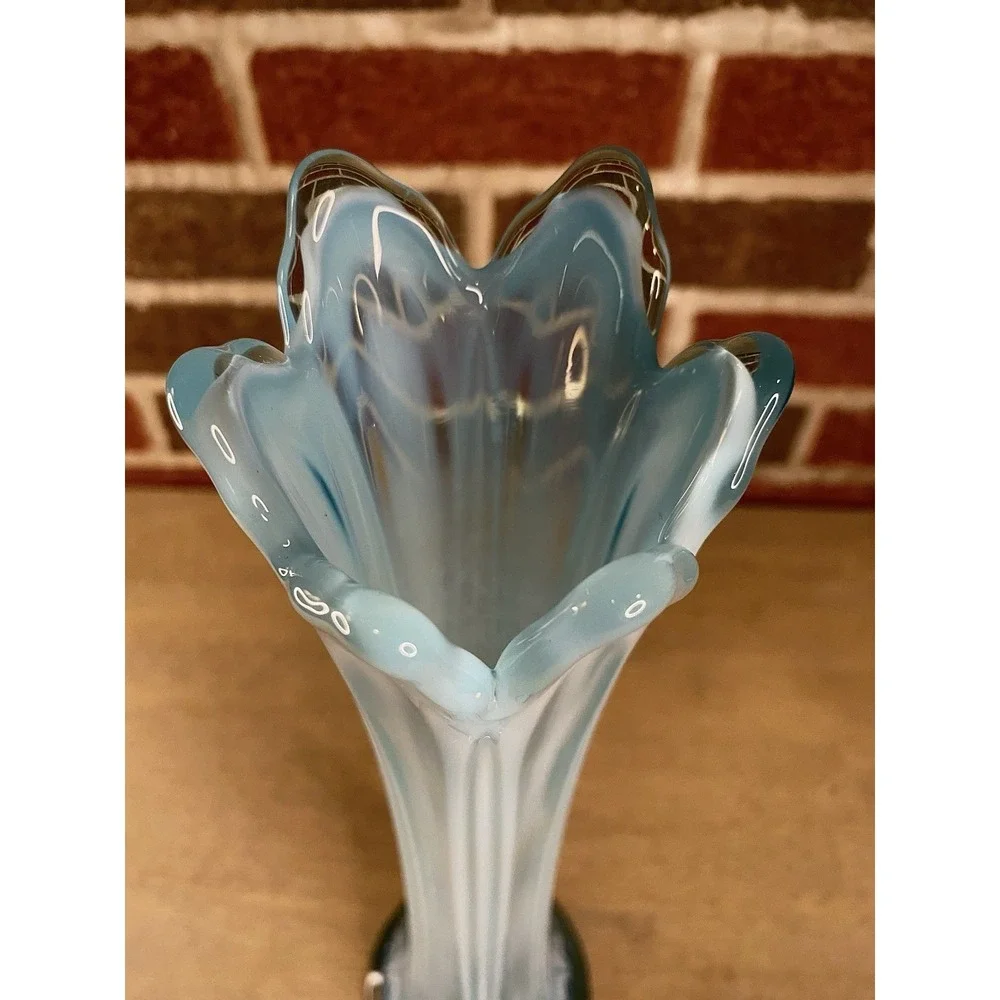 Antique EAPG‎ Blue Opalescent Swung Vase Ribbed Feather Pattern Art Glass